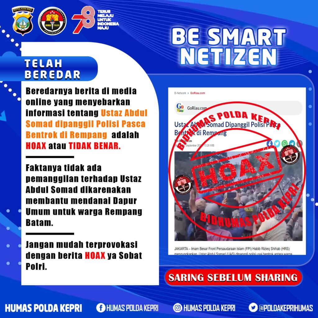 Polisi Pastikan Pemanggilan Ustad Abdul Somad Terkait Bentrokan Rempang Hoax